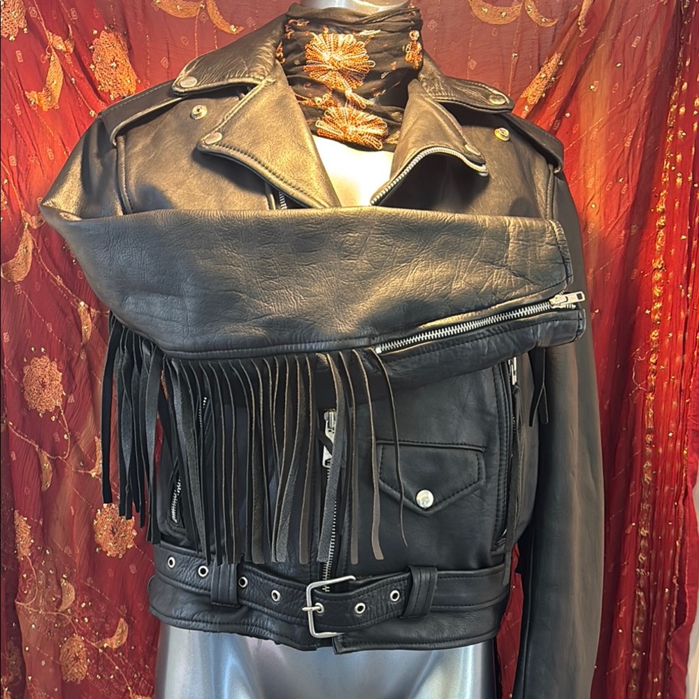 Women’s Black Leather Fringe Biker Jacket
